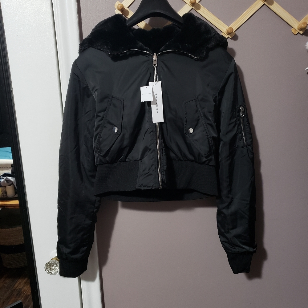Topshop reversible faux-fur trim hooded jacket